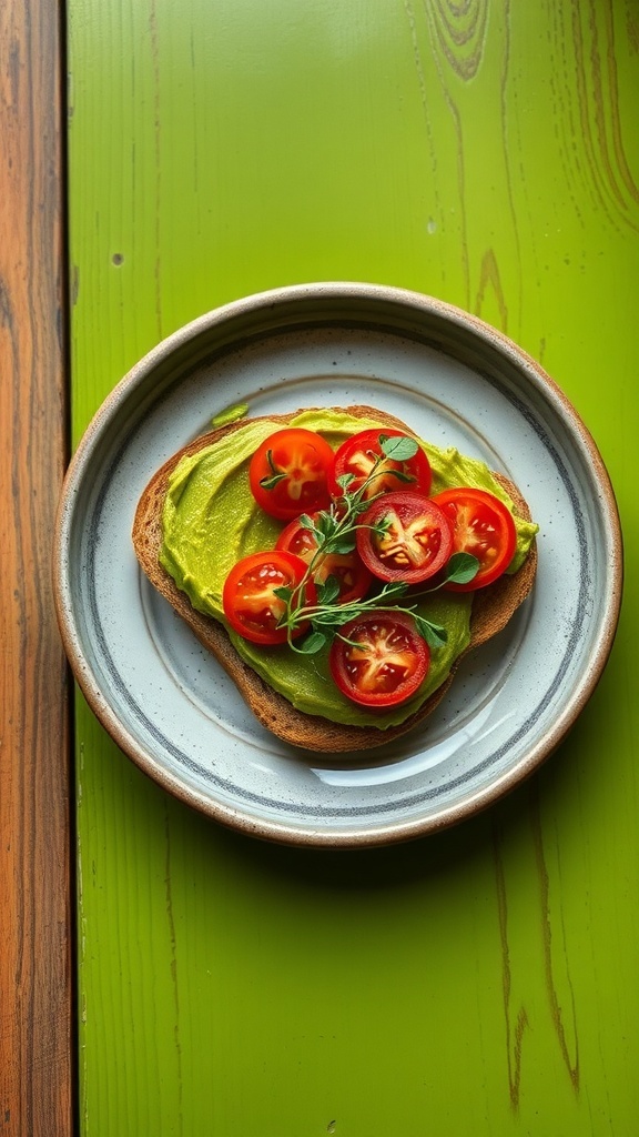 Avocado toast topped with tomatoes and microgreens on a wooden table with a green background.